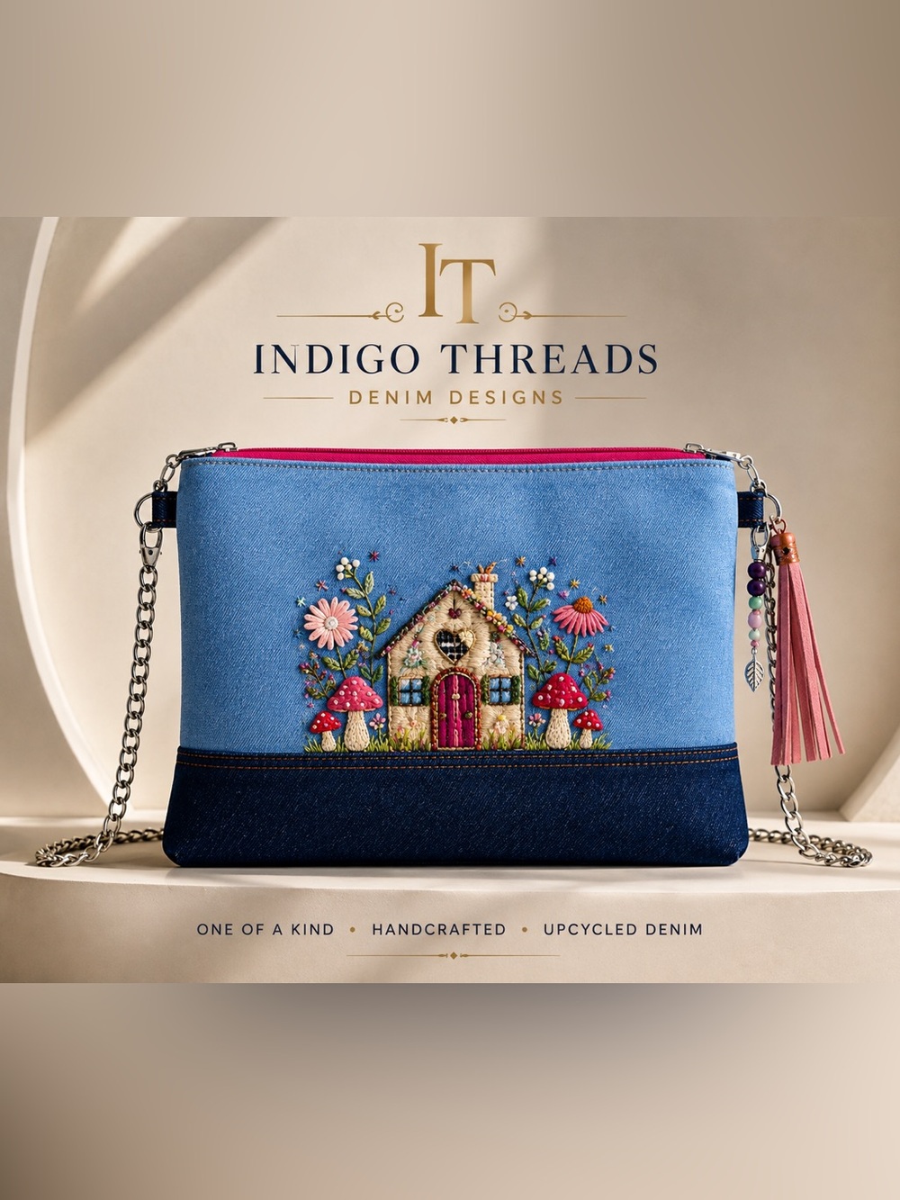 One-of-a-Kind Embroidered Denim Crossbody Bag